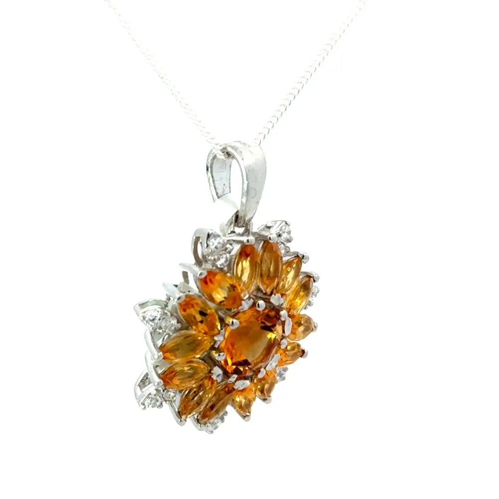 November Birthstone Real Yellow Citrine & Round Cut American Diamond Flower Pendant