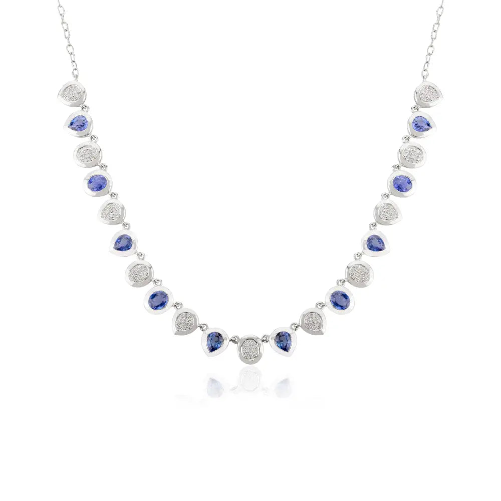 Authentic Blue Sapphire & Diamond Statement Necklace Real K14 White Gold Fine Jewelry