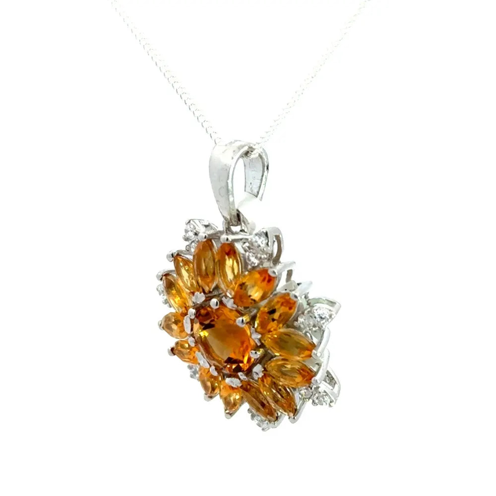 November Birthstone Real Yellow Citrine & Round Cut American Diamond Flower Pendant