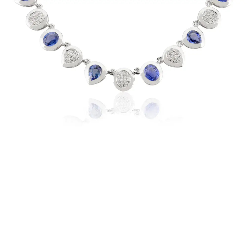 Authentic Blue Sapphire & Diamond Statement Necklace Real K14 White Gold Fine Jewelry