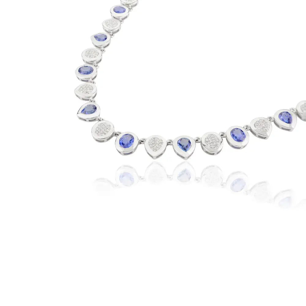 Authentic Blue Sapphire & Diamond Statement Necklace Real K14 White Gold Fine Jewelry