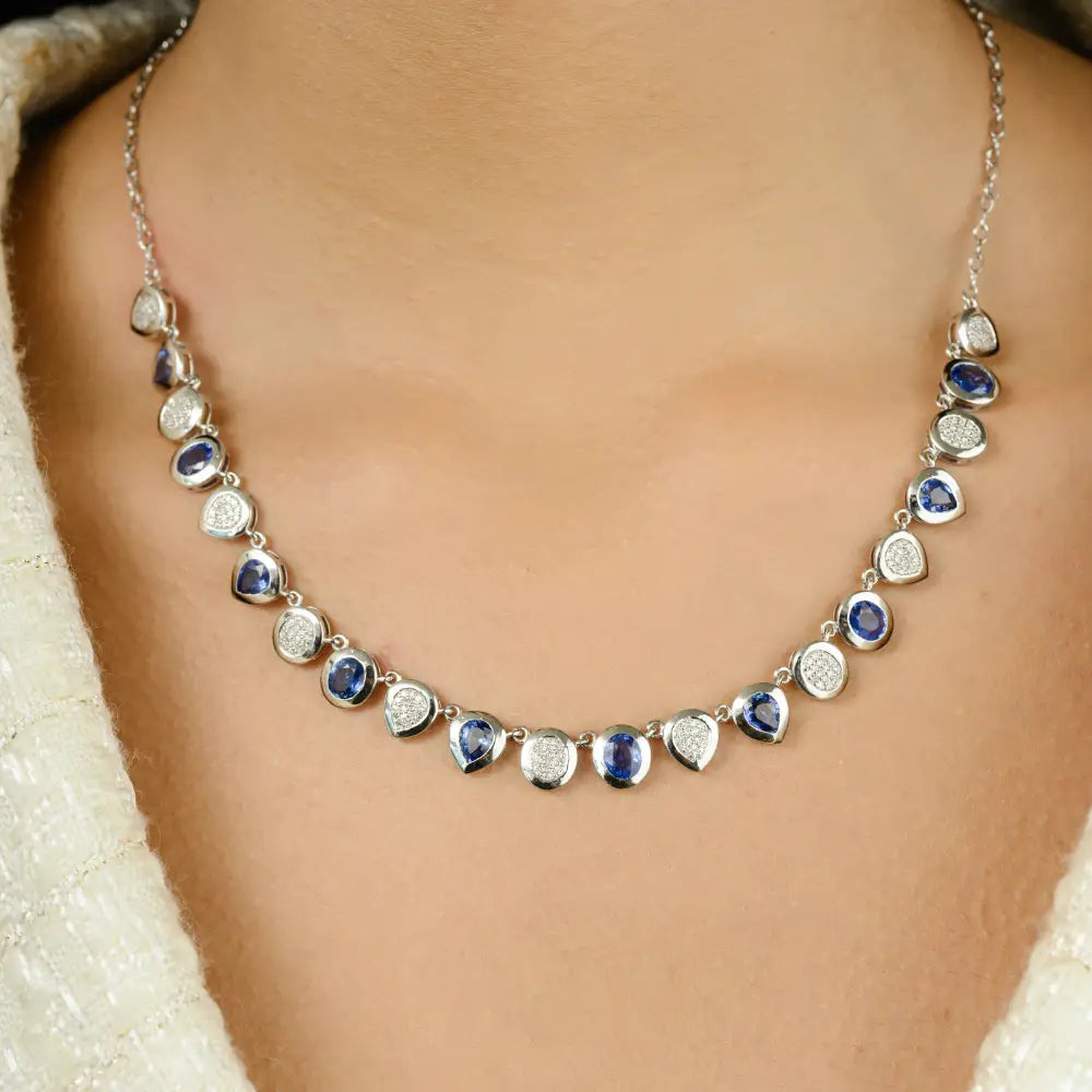 Authentic Blue Sapphire & Diamond Statement Necklace Real K14 White Gold Fine Jewelry