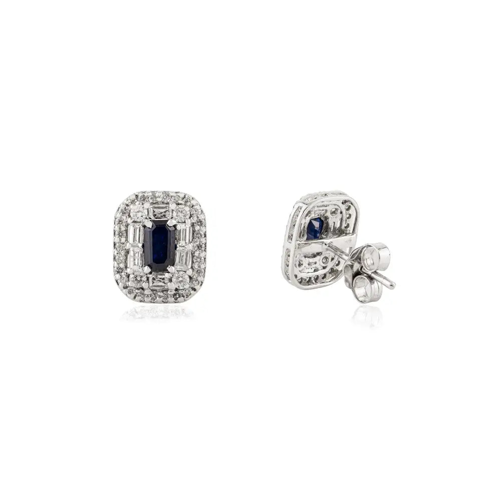 Blue Sapphire & Diamond Push Back Double Cluster Stud Earrings K14 Real White Gold Jewelry