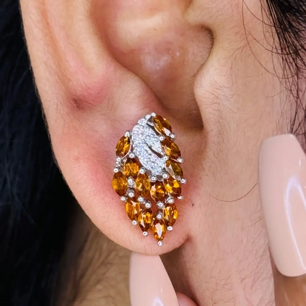 Customized Silver Genuine Citrine & American Diamond Stud Earrings November Birthstone