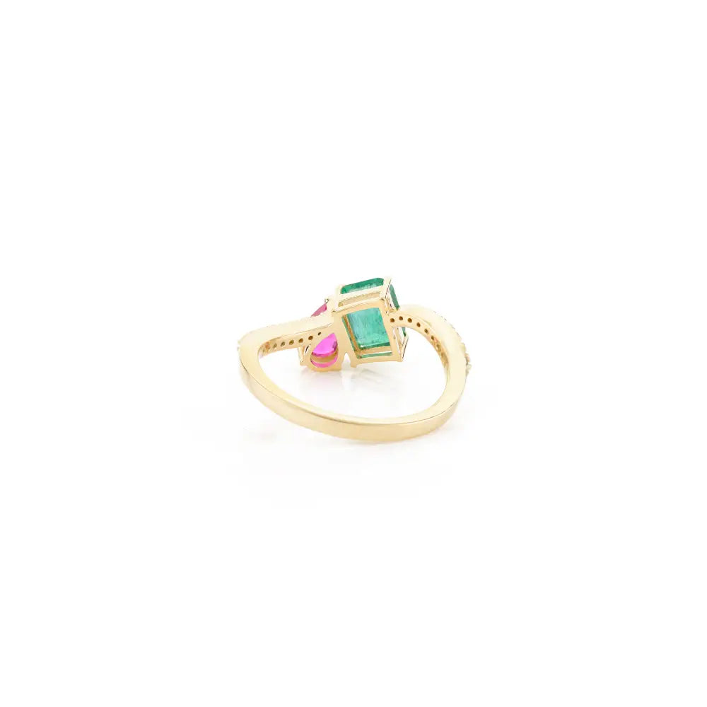 Emerald Ruby & Diamond Solid 14K Yellow Gold Toi et Moi Ring For Wedding Birthstone Jewelry