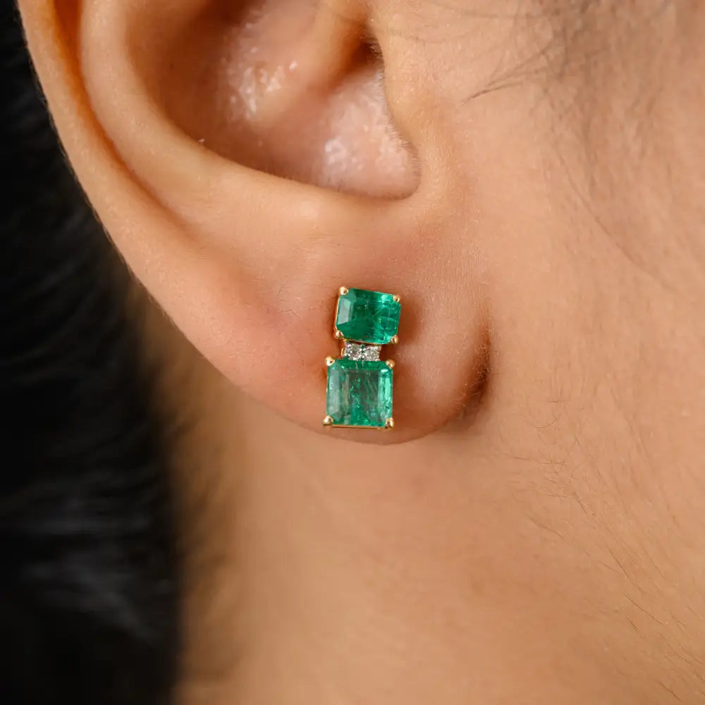 Real 18K Yellow Gold Emerald & Diamond Two Stone Stud Earrings For Women Daily Wear