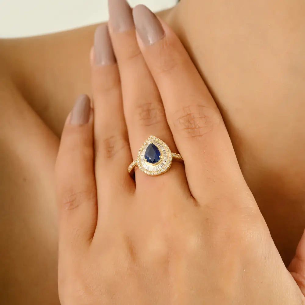 Pear Cut Blue Sapphire & Diamond Pure 14K Yellow Gold Double Halo Engagement Ring Women