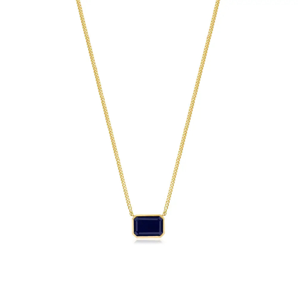 14X9.5 MM Blue Sapphire Solid 14K Yellow Gold Curb Link Chain Solitaire Pendant Necklace
