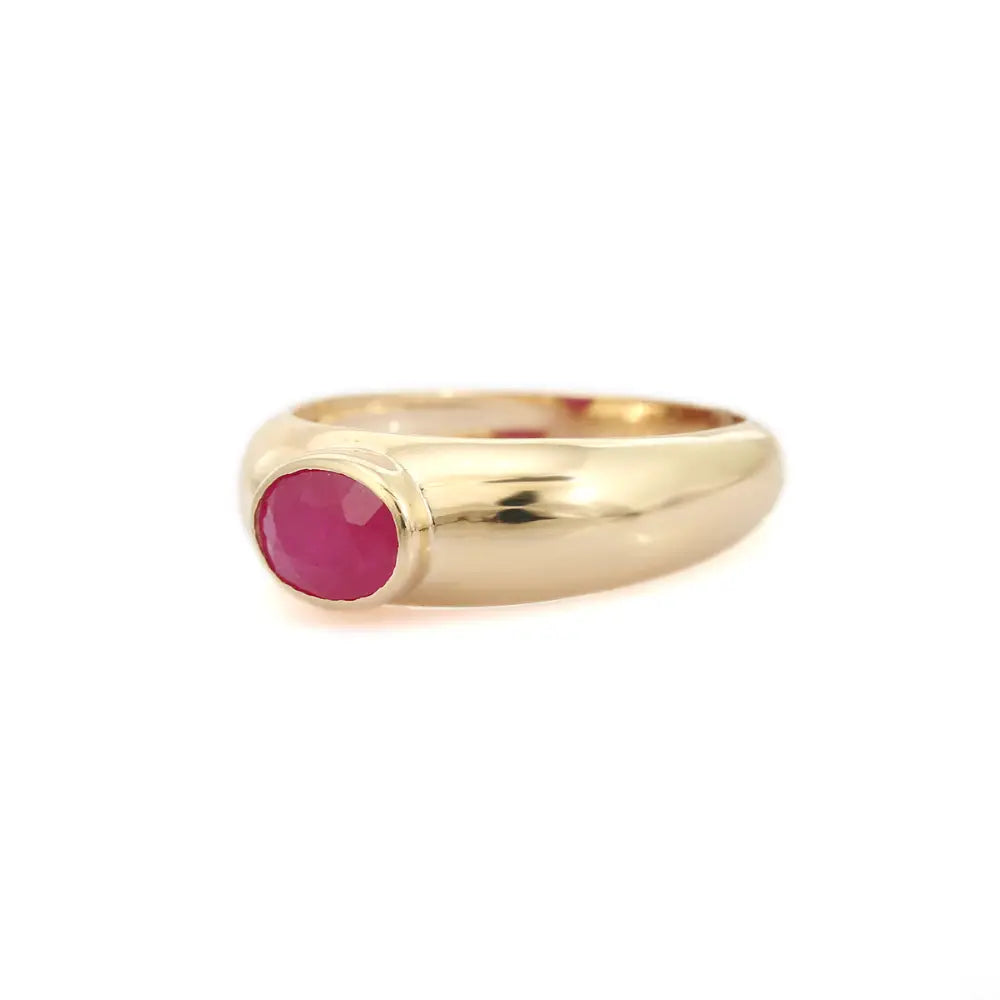 100% Authentic Ruby Handmade Dome Signet Ring For Women Pure K14 Yellow Gold Jewelry