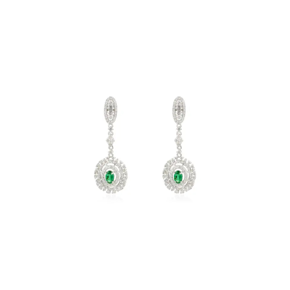 Bold Bridal Jewelry 14K White Gold Emerald & Diamond Handmade Dangle Earrings For Women