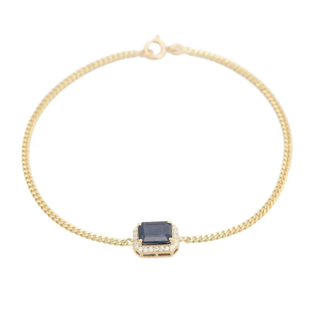 Prong Setting Blue Sapphire & Diamond 14K Solid Gold Cuban Chain Halo Bracelet Unisex