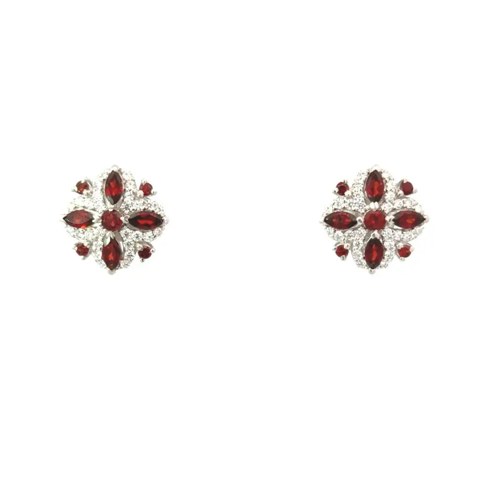 Anniversary Gift Genuine Red Garnet & American Diamond Wedding Stud Earrings In 925 Sterling Silver