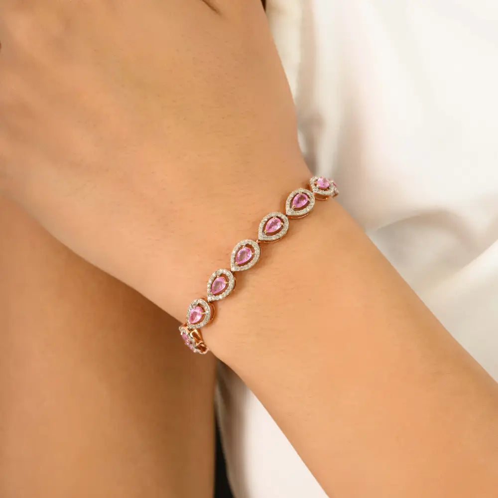 Attractive Design Pink Sapphire & Diamond Halo Tennis Bracelet 14K Rose Gold Bridal Jewelry