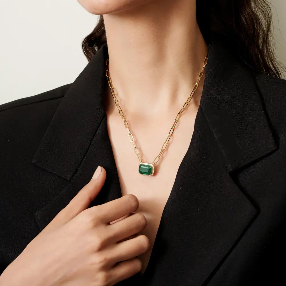 14K Real Yellow Gold Emerald & Diamond Paperclip Chain Cluster Pendant Necklace For Women