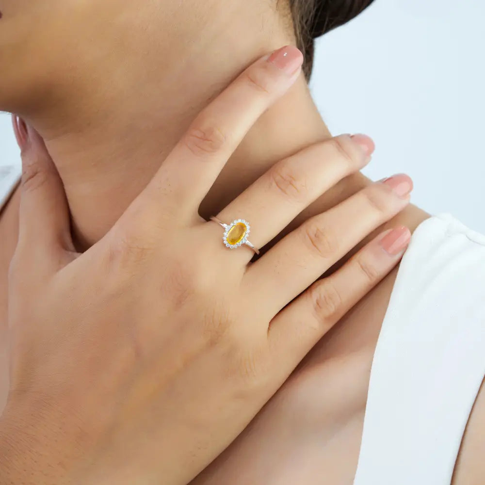 8x5mm Oval Cut Yellow Sapphire & Diamond Cluster Ring Handmade 14K White Gold Jewelry