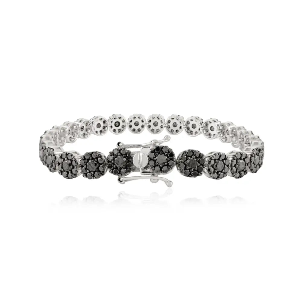 Natural Black Diamond Flower Design Tennis Bracelet 14K White Gold Sparkle Jewelry