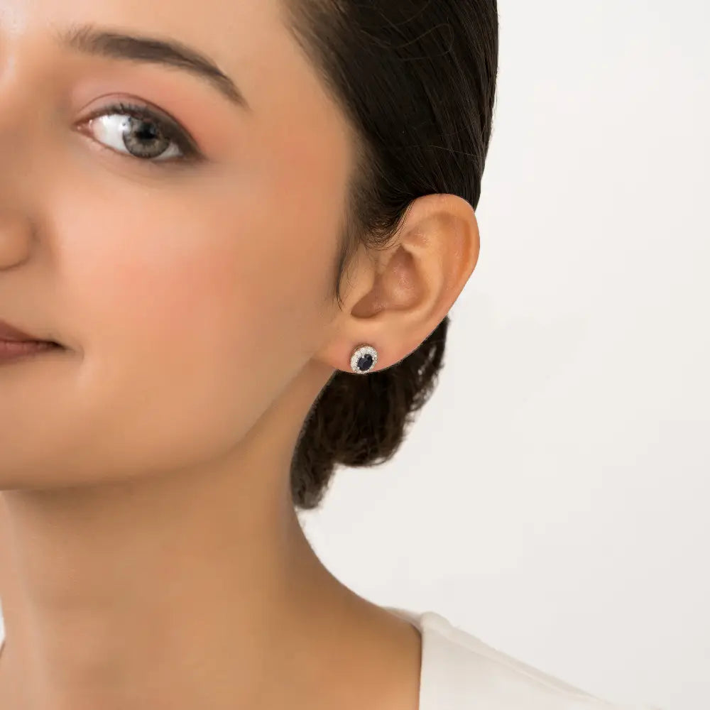 Oval Shape Blue Sapphire & Round Cut Diamond K14 White Gold Halo Stud Earrings For Women's