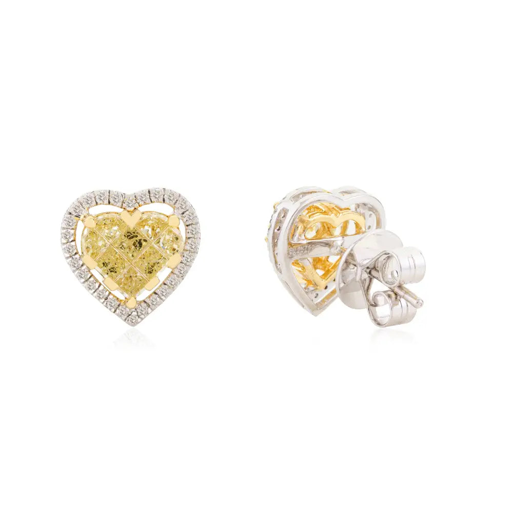 100% Natural White & Yellow Diamond Heart Shape Stud Earrings Valentine's Day Gift