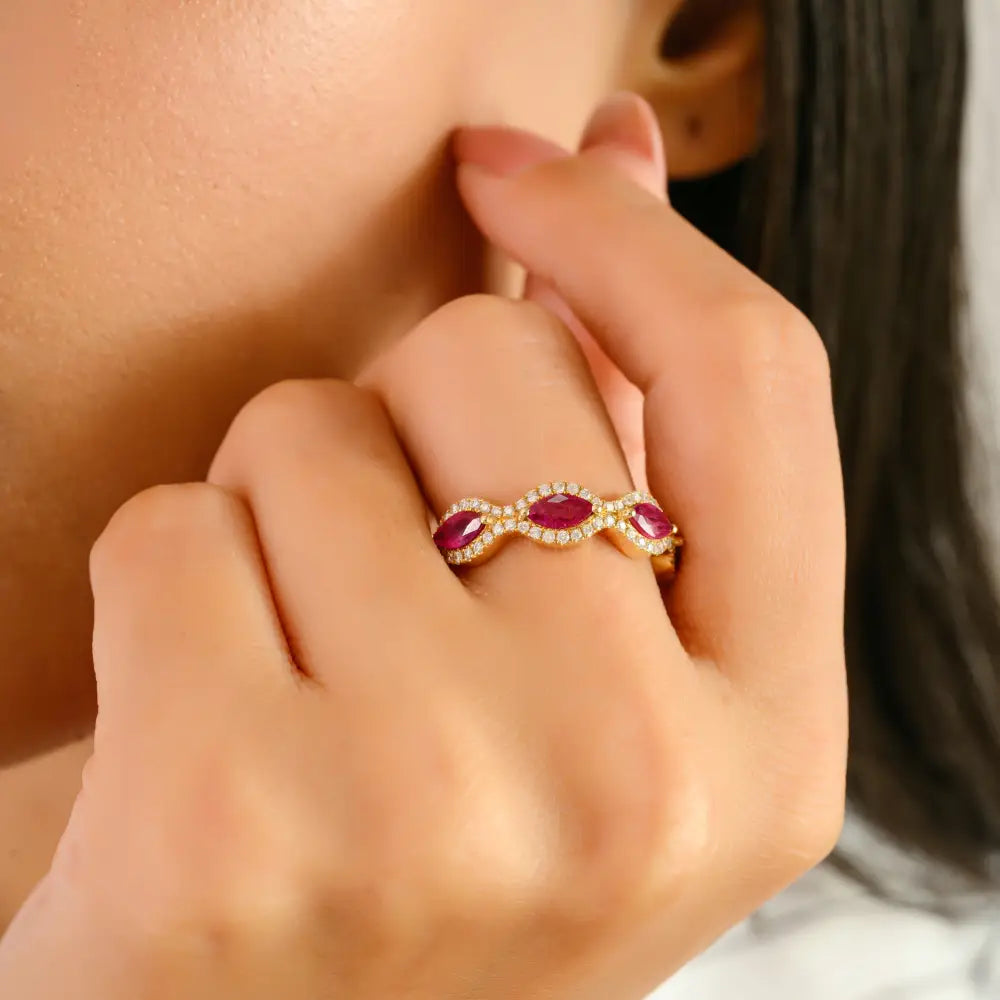 Best Selling Ruby & Diamond Half Eternity Band Ring Real K14 Yellow Gold Unique Jewelry