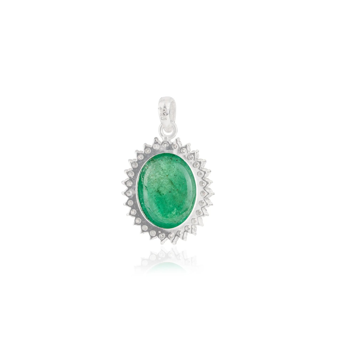 Trending Oval Shape Natural Emerald & Diamond May Birthstone Halo Pendant In 925 Silver