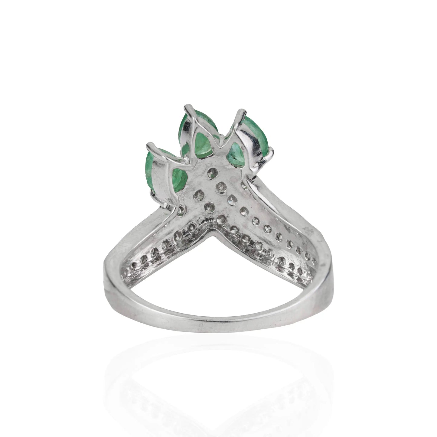 925 Sterling Silver Three Stone Pear Emerald & Diamond Pavé Chevron Ring For Women's