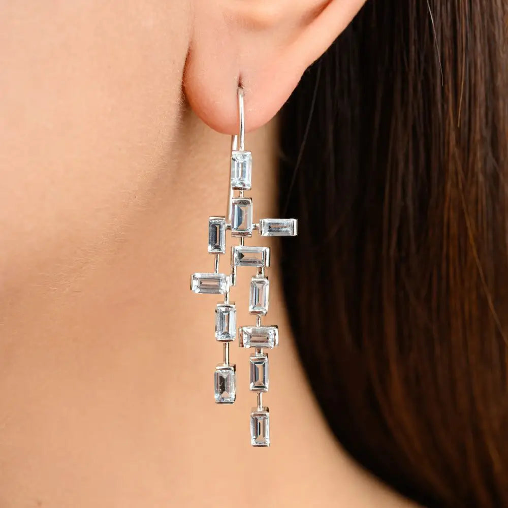 Baguette Cut Aquamarine Chandelier Dangle Earrings in 18k White Gold