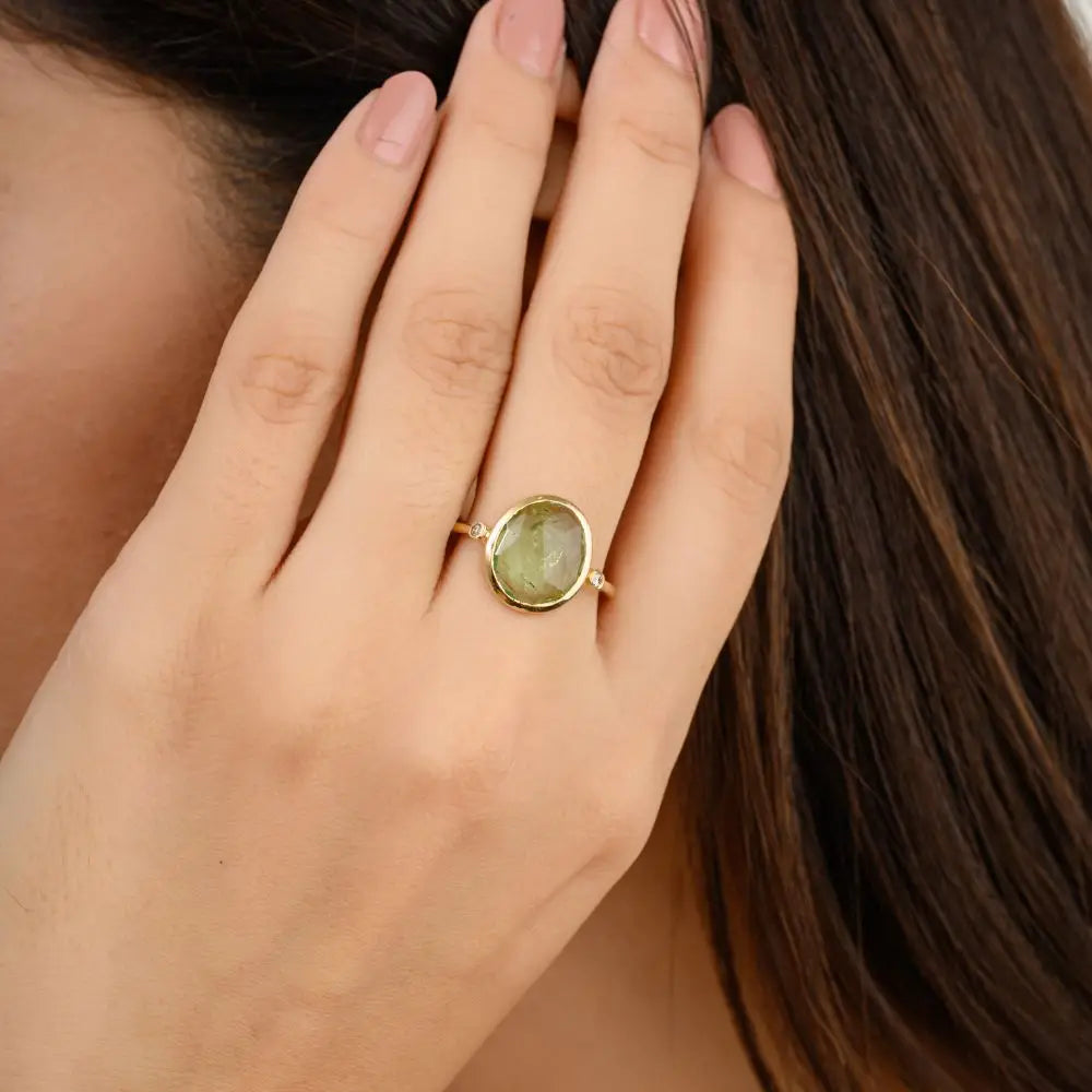 Handmade 18k Yellow Gold Tourmaline & Diamond Three Stone Ring