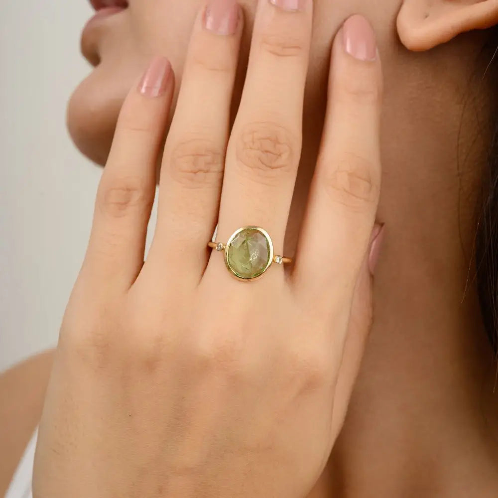 Handmade 18k Yellow Gold Tourmaline & Diamond Three Stone Ring