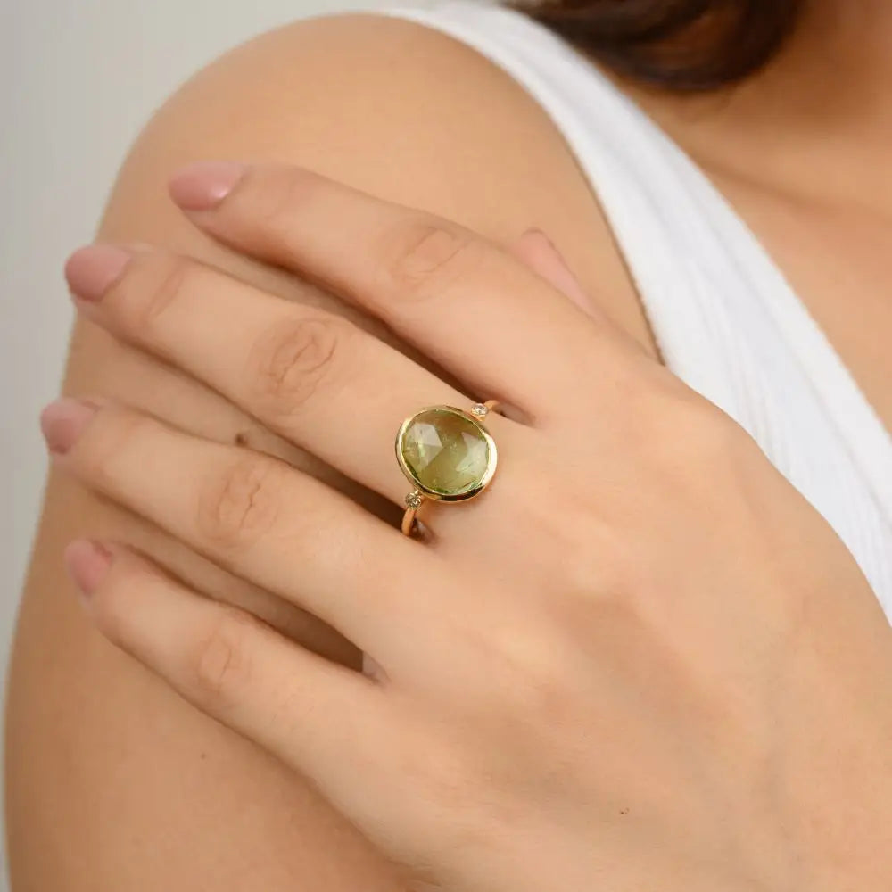 Handmade 18k Yellow Gold Tourmaline & Diamond Three Stone Ring