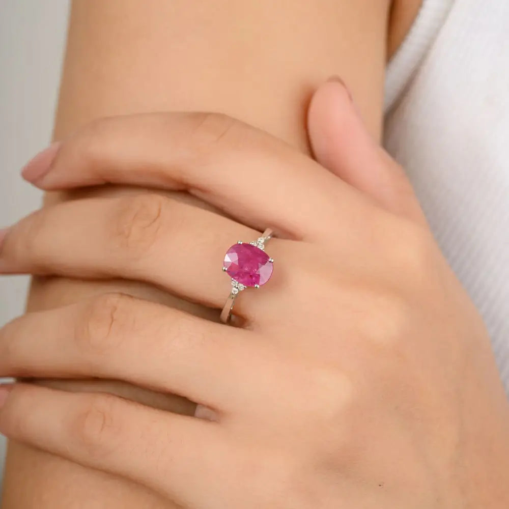 Classic Design Ruby and Diamond Statement Ring in 14k White Gold