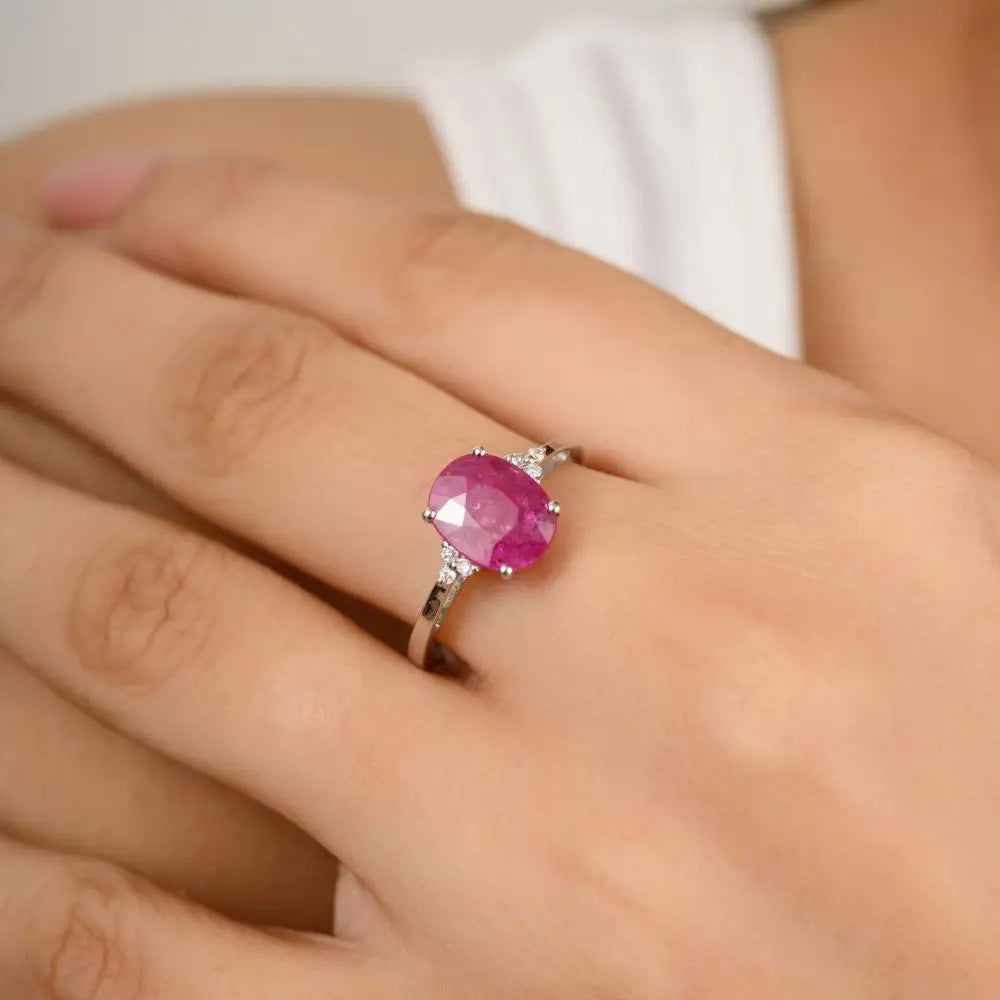 Classic Design Ruby and Diamond Statement Ring in 14k White Gold