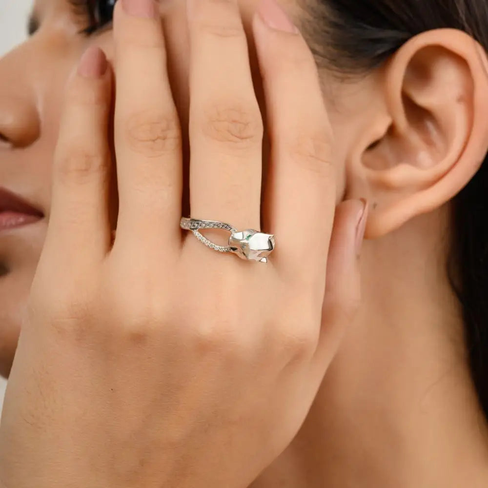 Emerald & Diamond Panther Cocktail Ring in 14k Real White Gold Jewelry