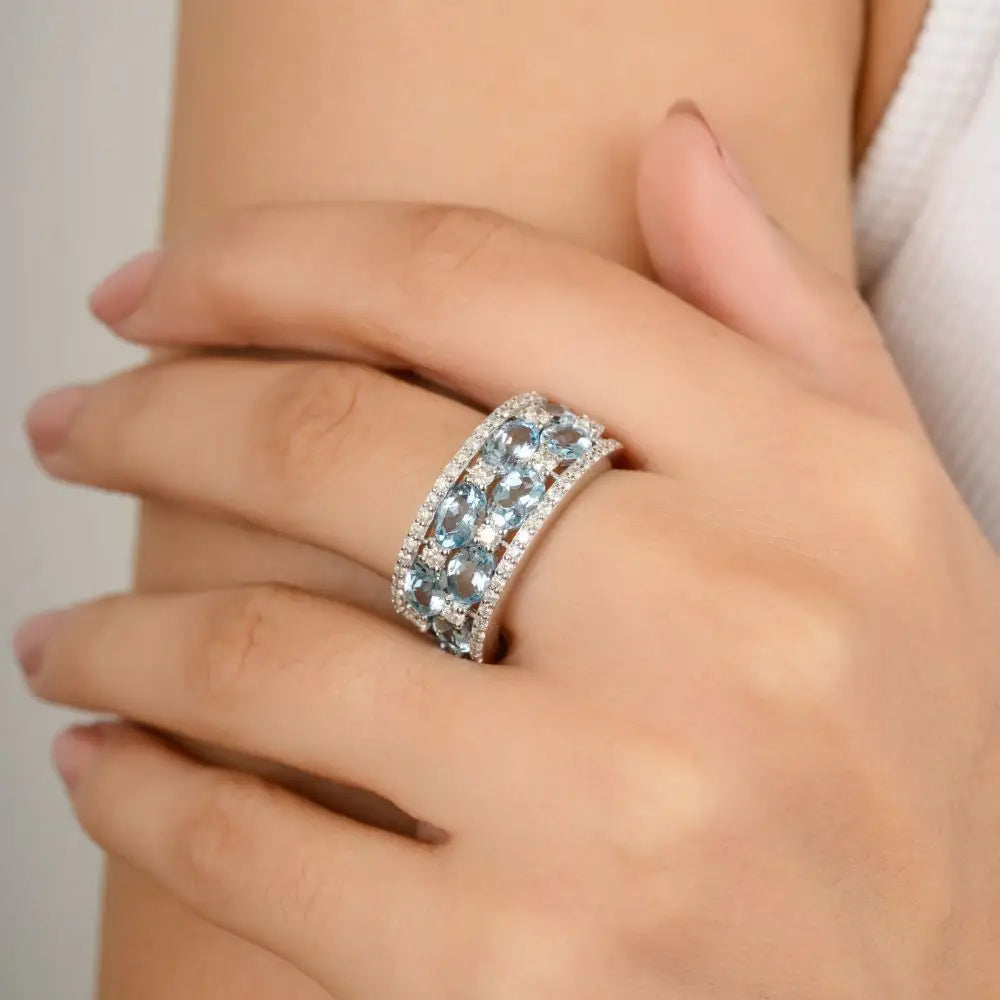 Aquamarine & Diamond Wedding Women Ring in 14k White Gold