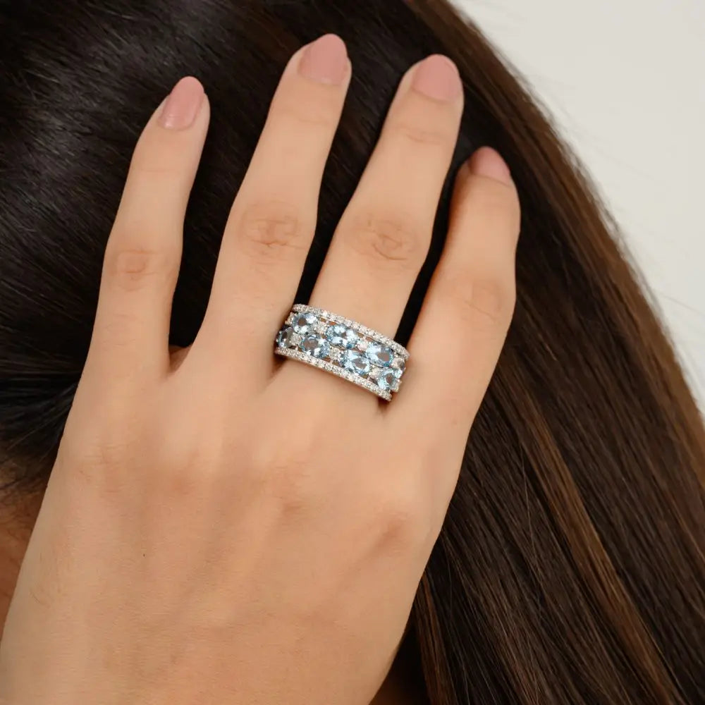 Aquamarine & Diamond Wedding Women Ring in 14k White Gold