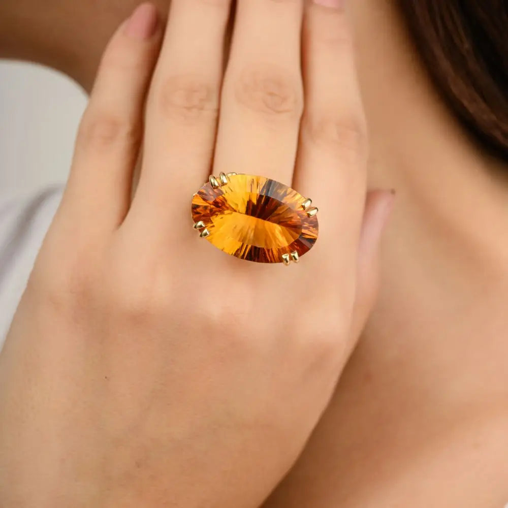 Luxurious 14k Solid Yellow Gold With Citrine & Diamond Regal Cocktail Ring