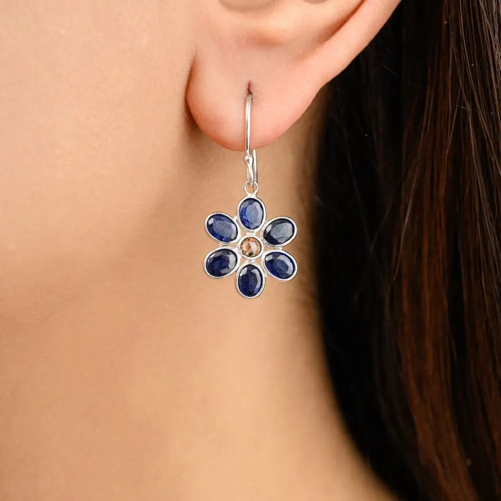 18k White Gold With Blue Sapphire & Diamond Floral Drop Earrings For Women