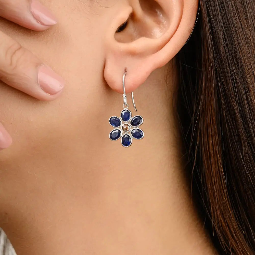 18k White Gold With Blue Sapphire & Diamond Floral Drop Earrings For Women