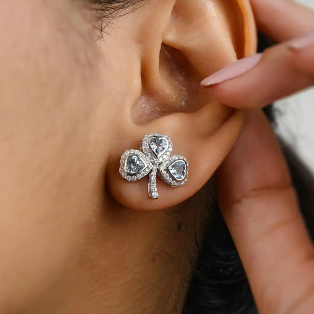 Aquamarine & Diamond Clover Wedding Stud Earrings in 18k White Gold