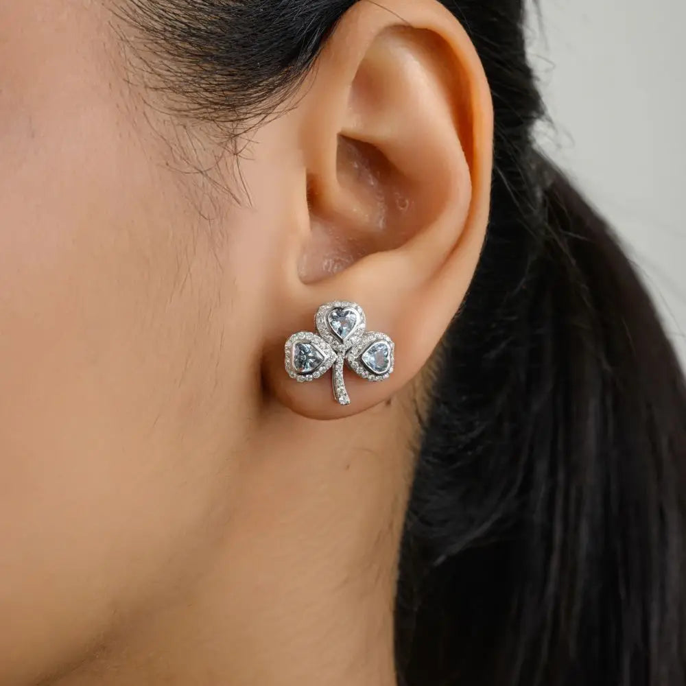 Aquamarine & Diamond Clover Wedding Stud Earrings in 18k White Gold