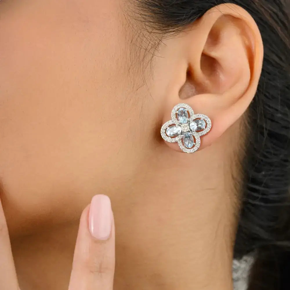 14k White Gold Aquamarine & Diamond Floral Stud Earrings