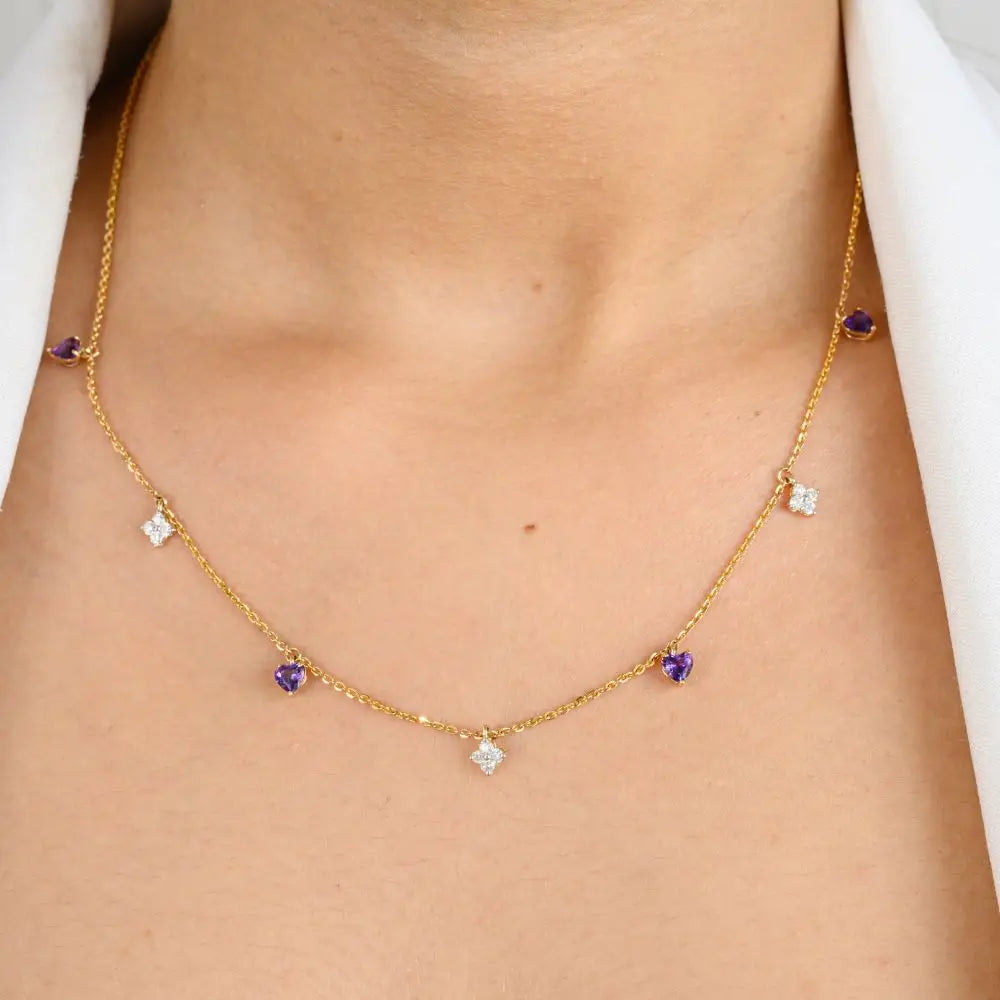 14K Solid Yellow Gold Amethyst & Diamond Charm Chain Necklace