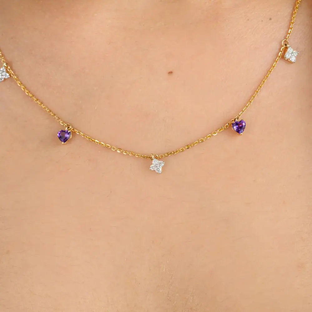 14K Solid Yellow Gold Amethyst & Diamond Charm Chain Necklace
