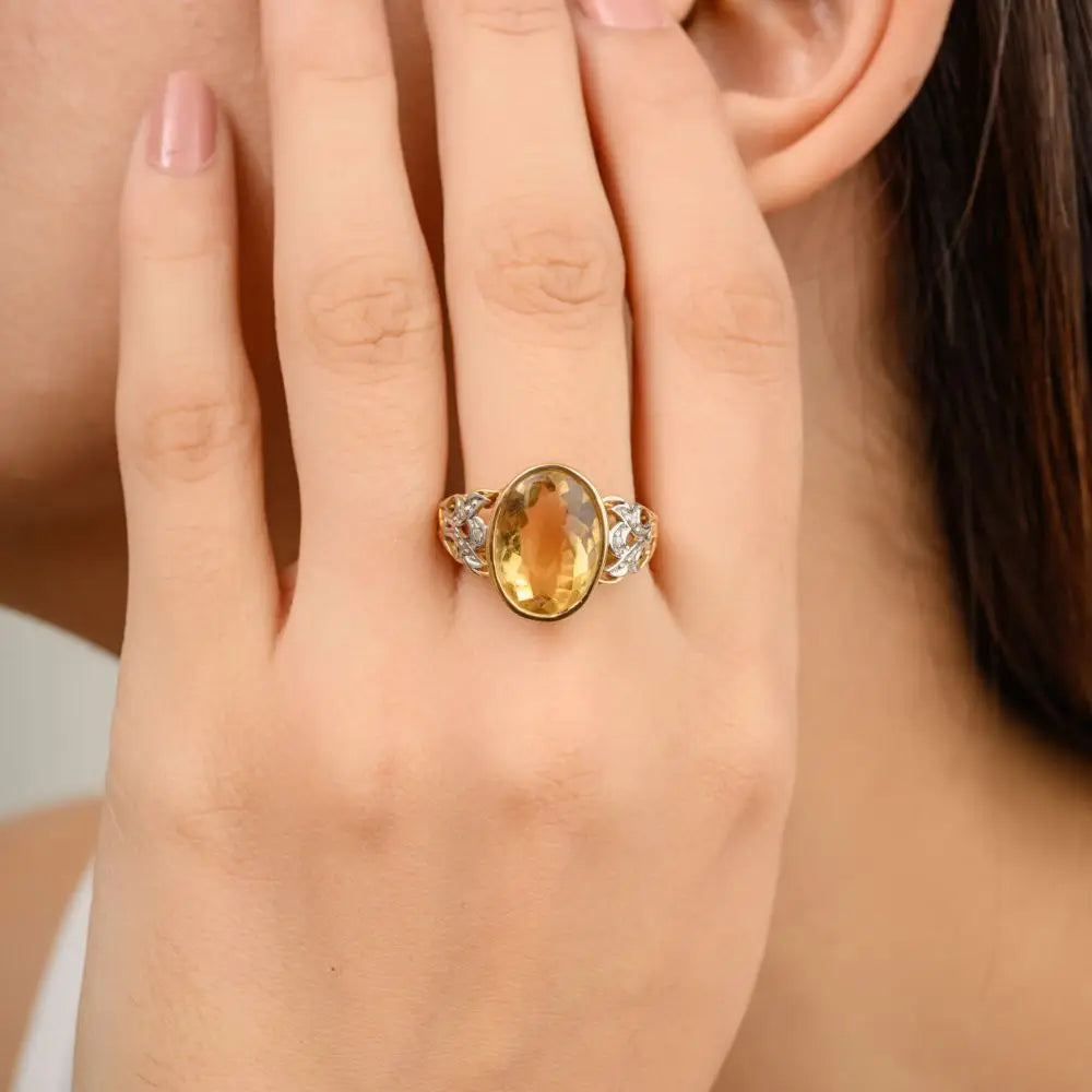 Oval Cut Citrine & Diamond 18k Yellow Gold Wedding Cocktail Ring