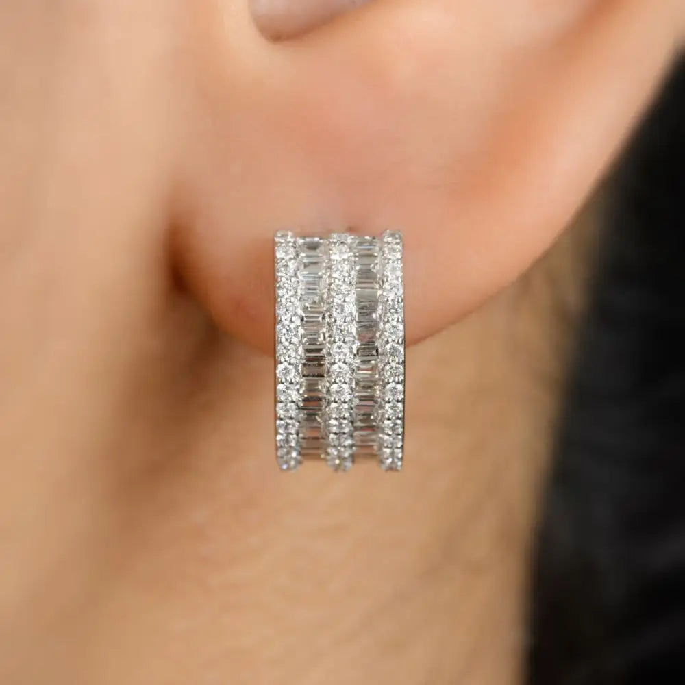 14K Solid White Gold & Diamond Huggie Hoop Earrings For Womens