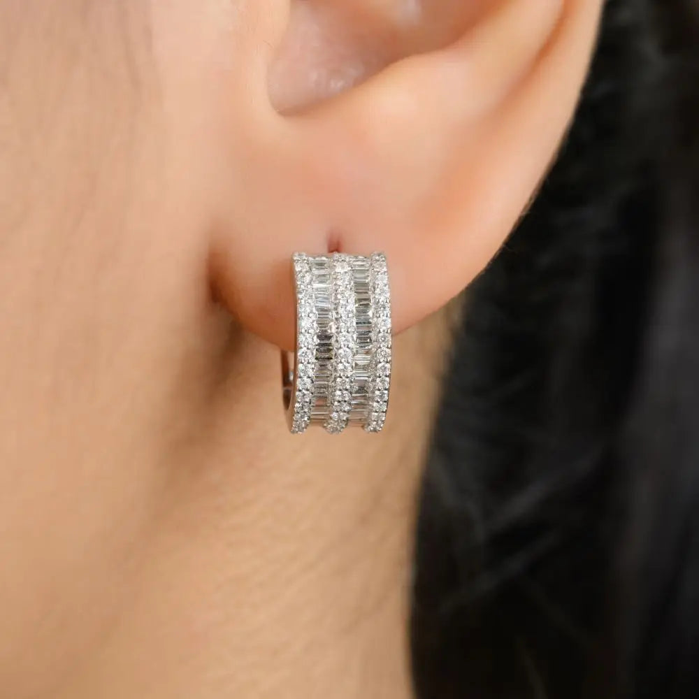 14K Solid White Gold & Diamond Huggie Hoop Earrings For Womens