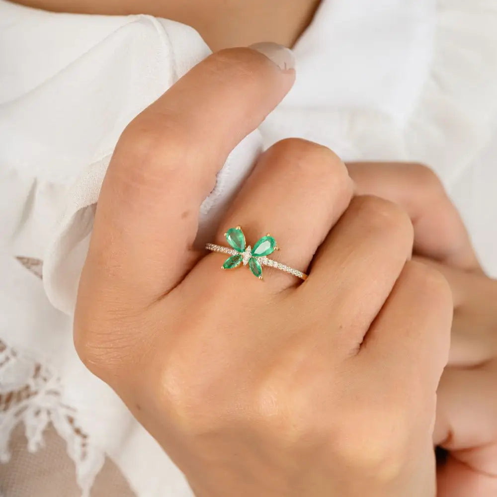 100% Handmade Natural Emerald & Diamond Dainty Butterfly Ring in 18k Yellow Ring