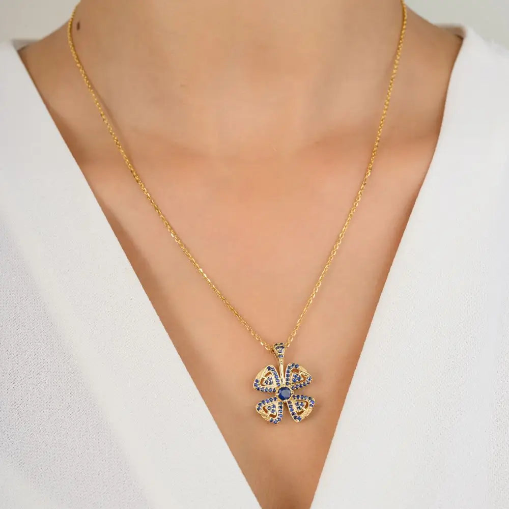 Natural Blue Sapphire Flower Necklace in 14k Solid Yellow Gold