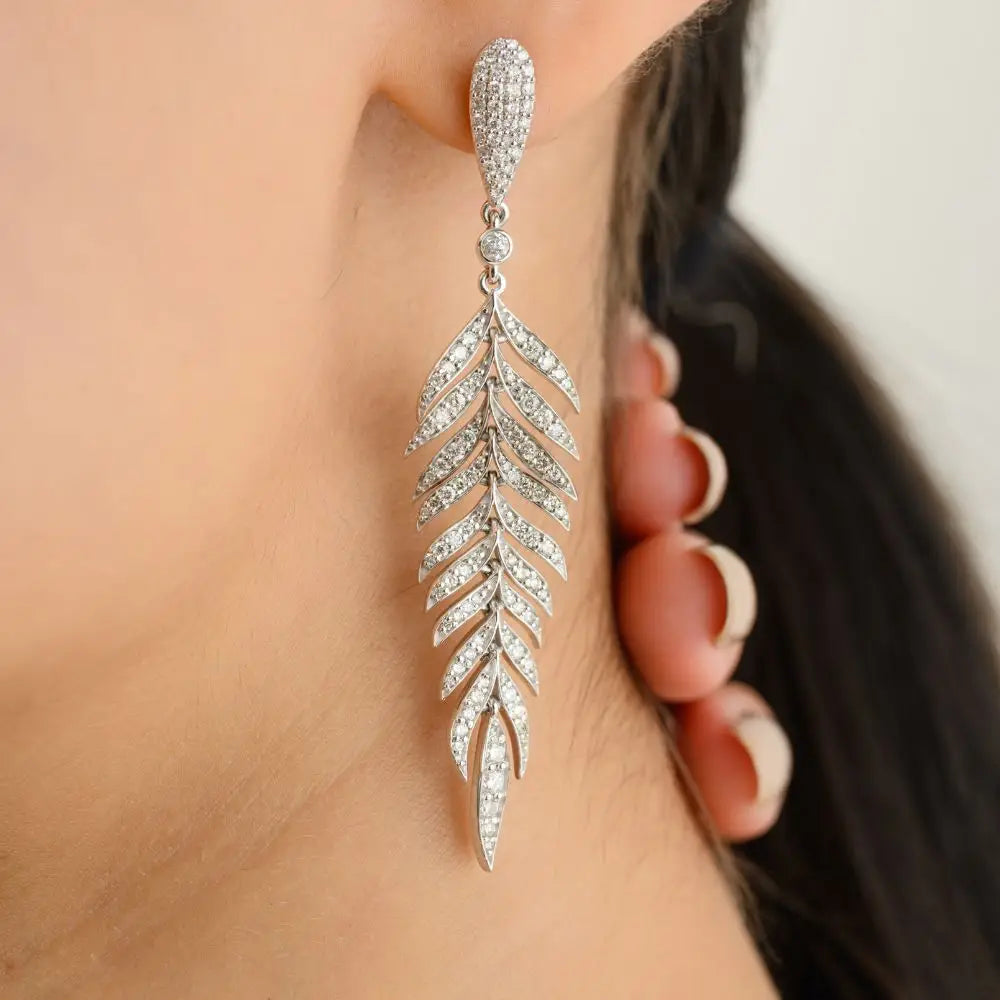 100% Authentic Real Diamond Feather Dangle Drop Earrings 18k White Gold