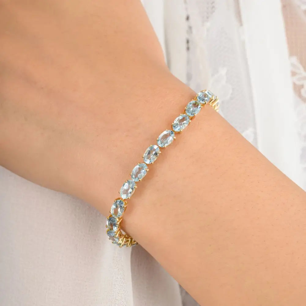 High Quality Oval Cut Aquamarine Tennis Bracelet in 18k Solid Yellow Gold