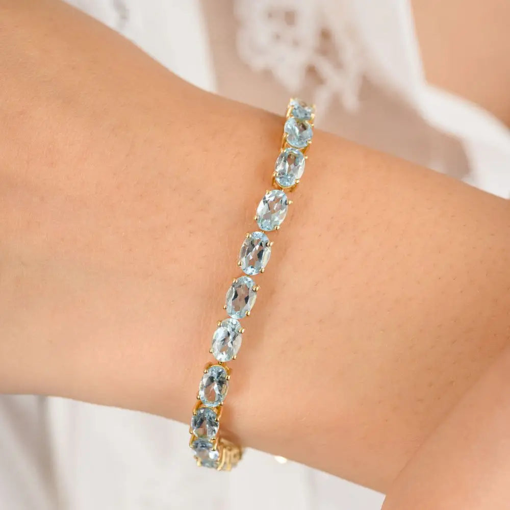 High Quality Oval Cut Aquamarine Tennis Bracelet in 18k Solid Yellow Gold
